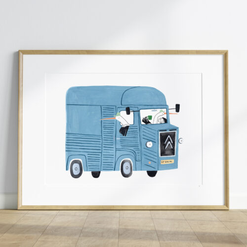 Poster: blauw retro busje