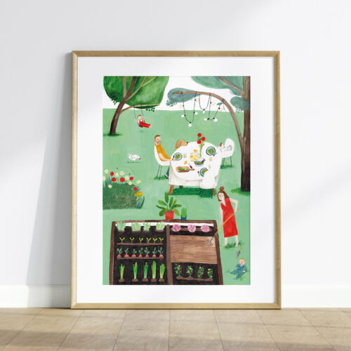 Poster: familie in de moestuin