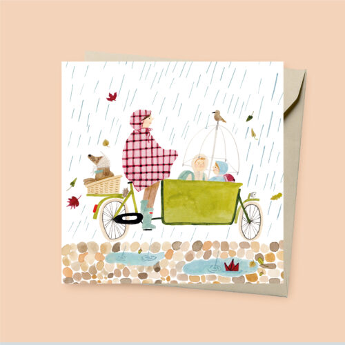 Herfstkaart 'fietsen in de regen' met bakfiets en kinderen
