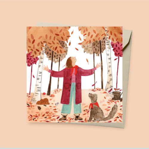 Herfstkaart 'bosbaden' vrouw en hondje